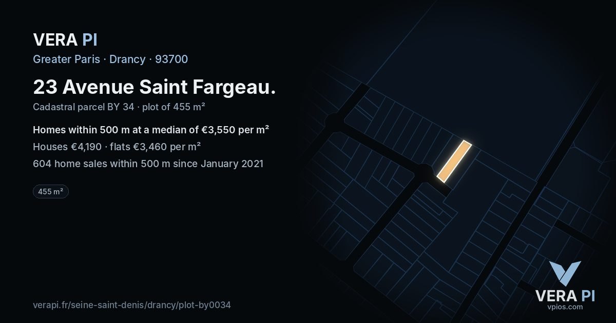 23 Avenue Saint Fargeau, Drancy at night – the plot lit, the parcels around coloured by the prices near them
