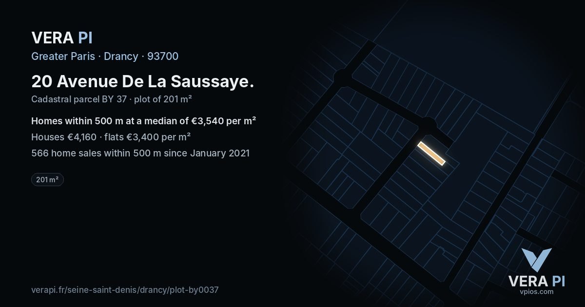20 Avenue De La Saussaye, Drancy at night – the plot lit, the parcels around coloured by the prices near them