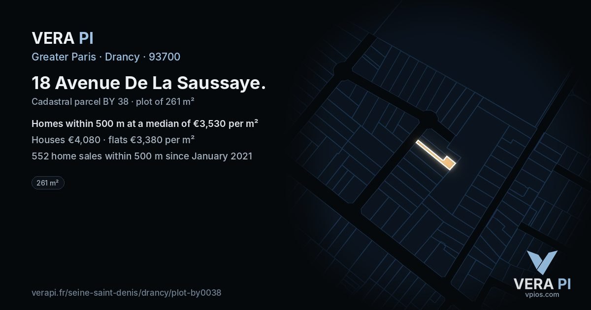18 Avenue De La Saussaye, Drancy at night – the plot lit, the parcels around coloured by the prices near them