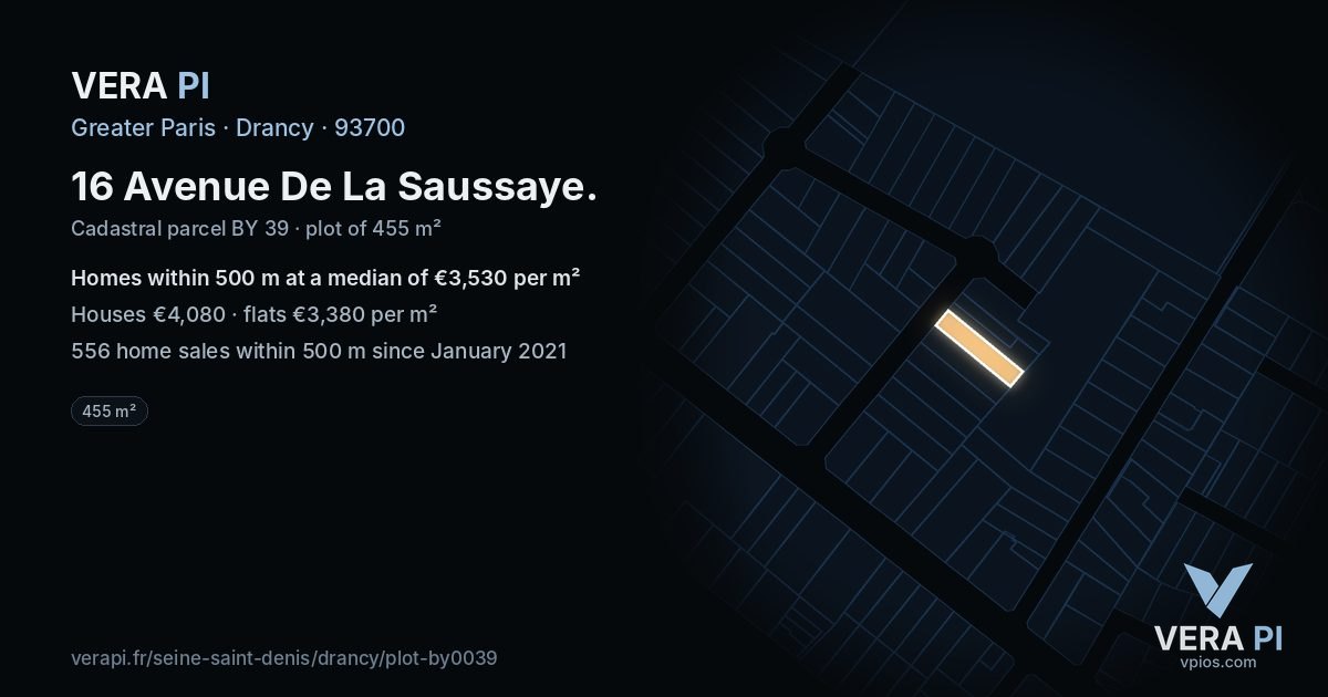 16 Avenue De La Saussaye, Drancy at night – the plot lit, the parcels around coloured by the prices near them