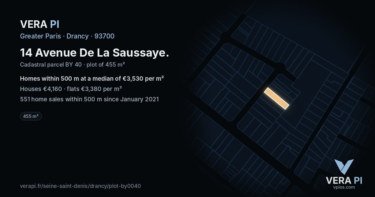 14 Avenue De La Saussaye, Drancy at night – the plot lit, the parcels around coloured by the prices near them