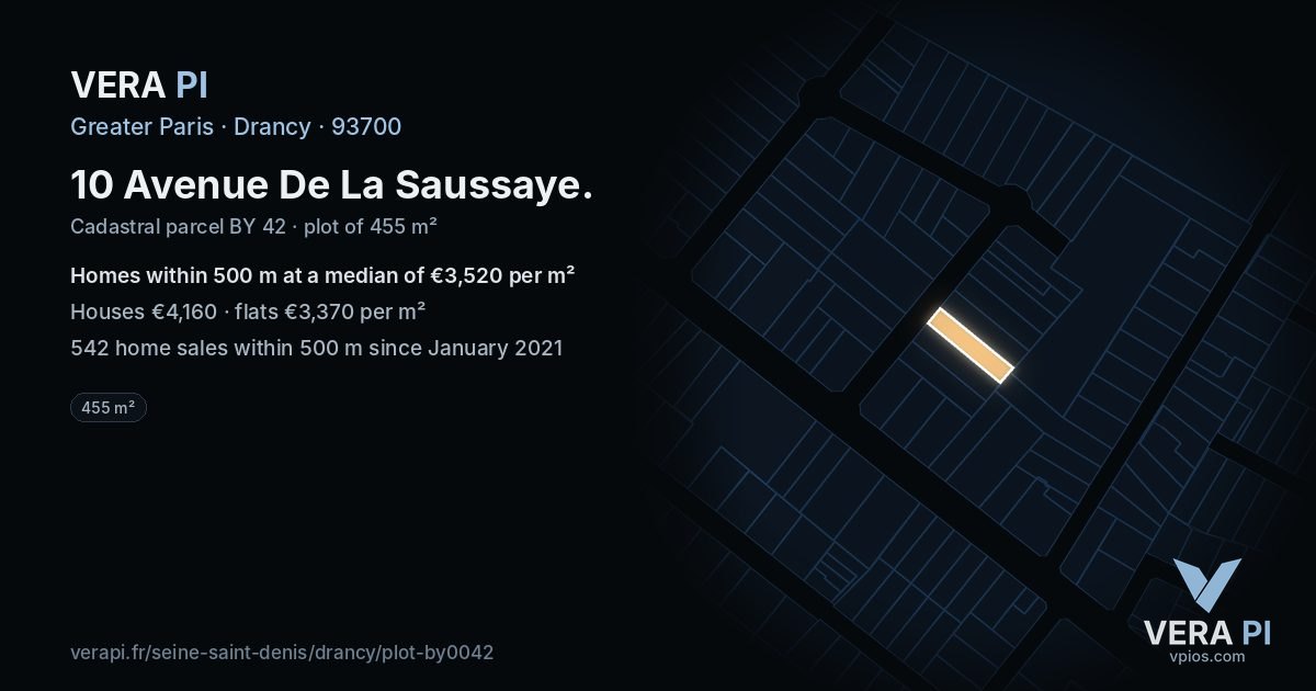 10 Avenue De La Saussaye, Drancy at night – the plot lit, the parcels around coloured by the prices near them