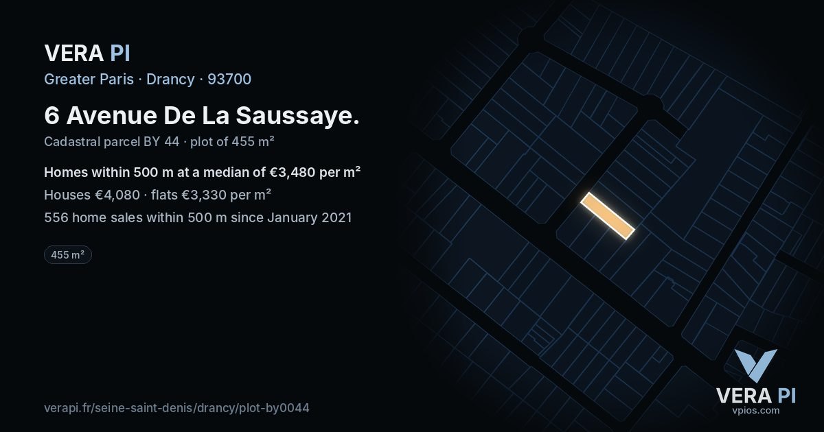 6 Avenue De La Saussaye, Drancy at night – the plot lit, the parcels around coloured by the prices near them