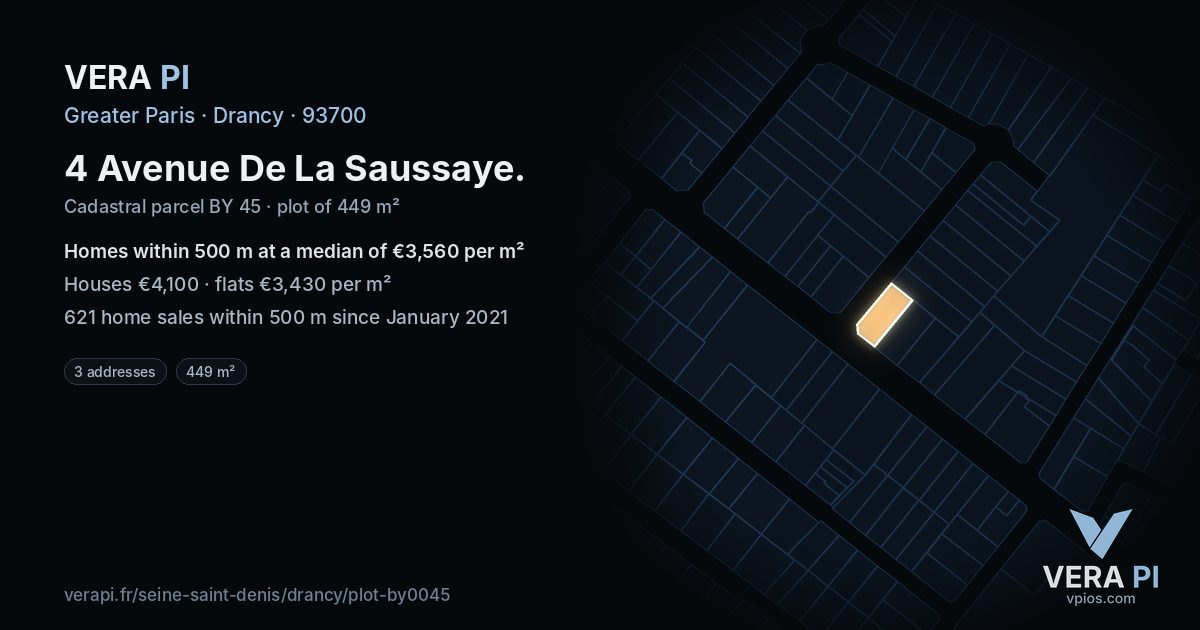 4 Avenue De La Saussaye, Drancy at night – the plot lit, the parcels around coloured by the prices near them