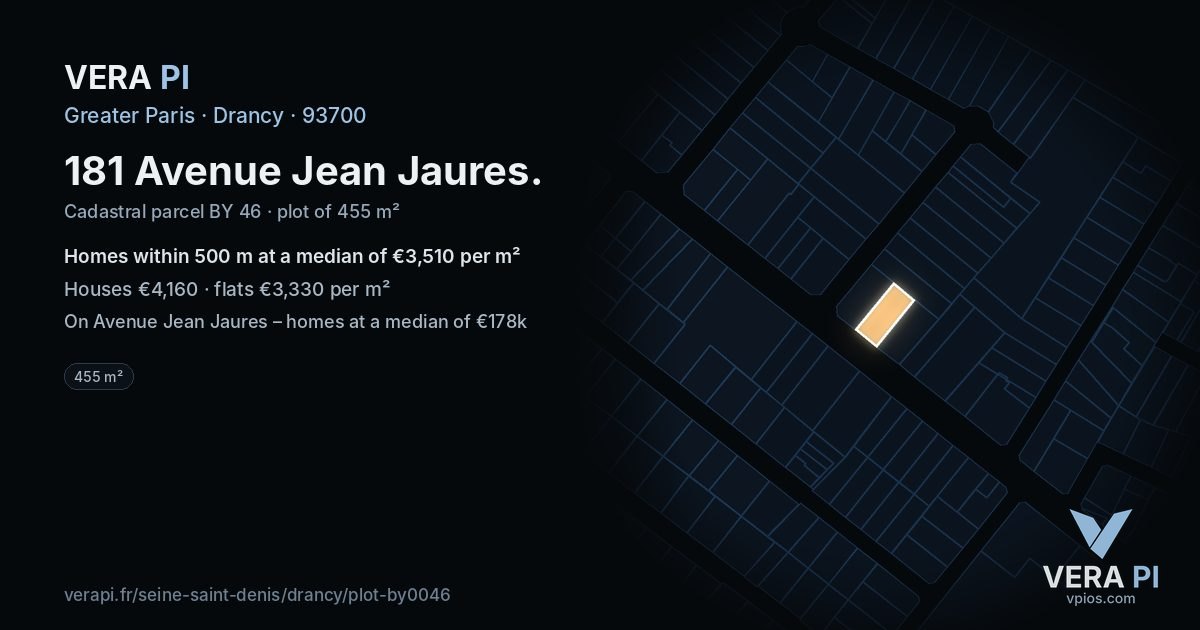 181 Avenue Jean Jaures, Drancy at night – the plot lit, the parcels around coloured by the prices near them