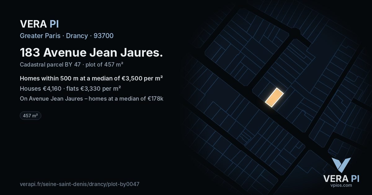 183 Avenue Jean Jaures, Drancy at night – the plot lit, the parcels around coloured by the prices near them