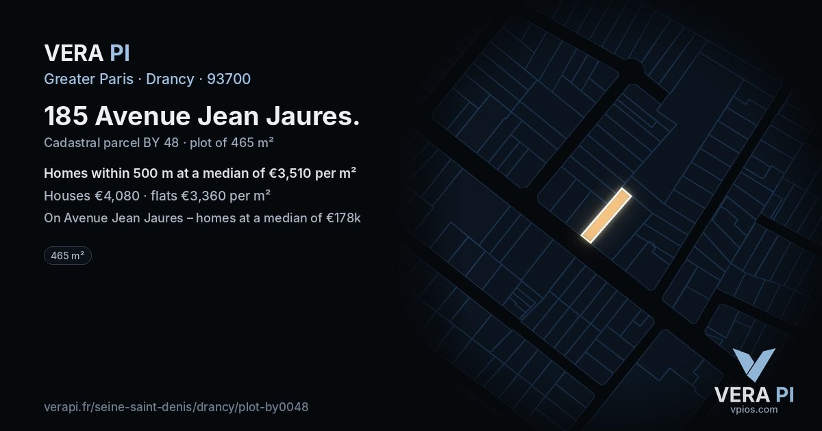 185 Avenue Jean Jaures, Drancy at night – the plot lit, the parcels around coloured by the prices near them
