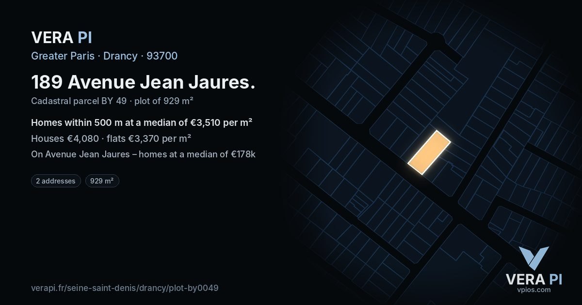 189 Avenue Jean Jaures, Drancy at night – the plot lit, the parcels around coloured by the prices near them