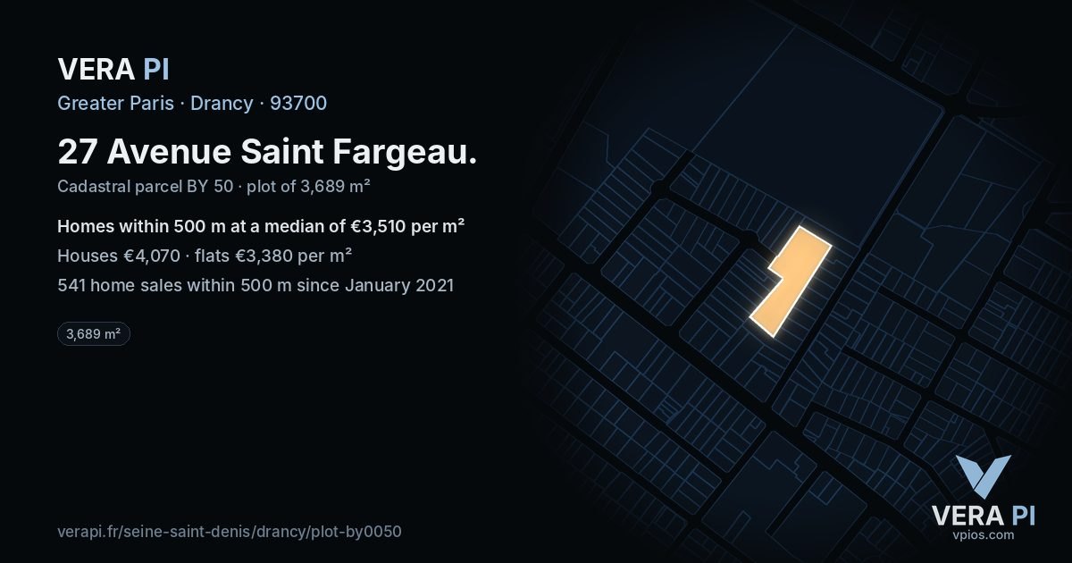 27 Avenue Saint Fargeau, Drancy at night – the plot lit, the parcels around coloured by the prices near them