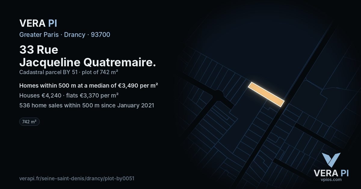 33 Rue Jacqueline Quatremaire, Drancy at night – the plot lit, the parcels around coloured by the prices near them