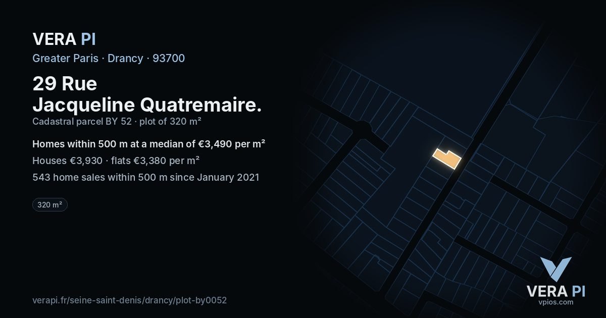 29 Rue Jacqueline Quatremaire, Drancy at night – the plot lit, the parcels around coloured by the prices near them