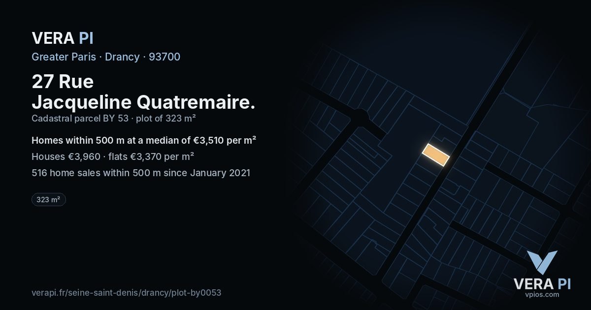 27 Rue Jacqueline Quatremaire, Drancy at night – the plot lit, the parcels around coloured by the prices near them