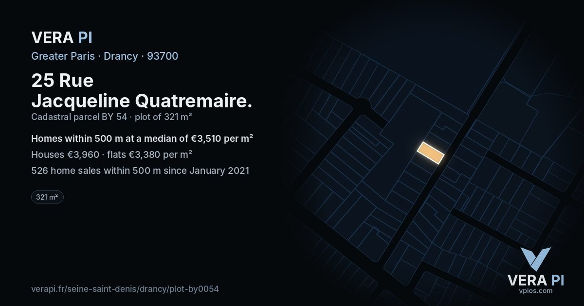 25 Rue Jacqueline Quatremaire, Drancy at night – the plot lit, the parcels around coloured by the prices near them