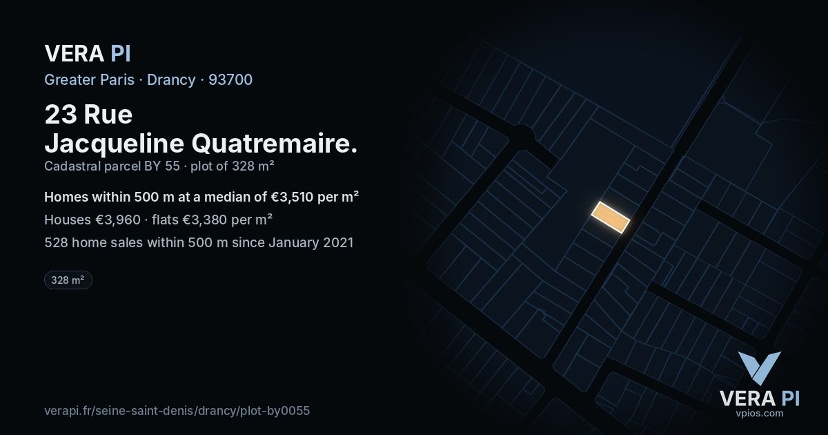 23 Rue Jacqueline Quatremaire, Drancy at night – the plot lit, the parcels around coloured by the prices near them