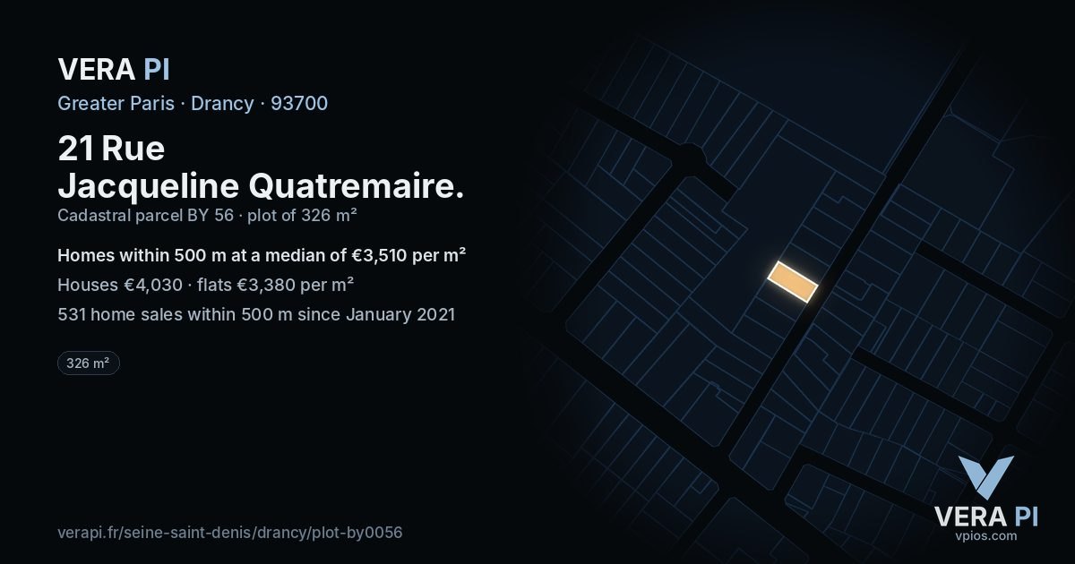 21 Rue Jacqueline Quatremaire, Drancy at night – the plot lit, the parcels around coloured by the prices near them
