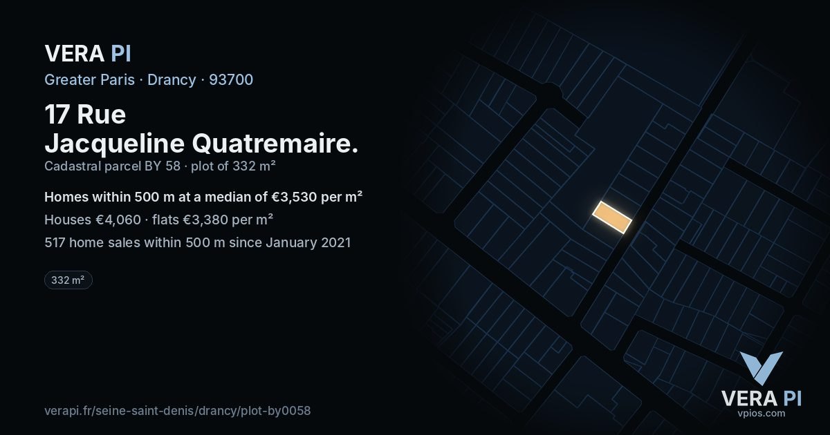 17 Rue Jacqueline Quatremaire, Drancy at night – the plot lit, the parcels around coloured by the prices near them