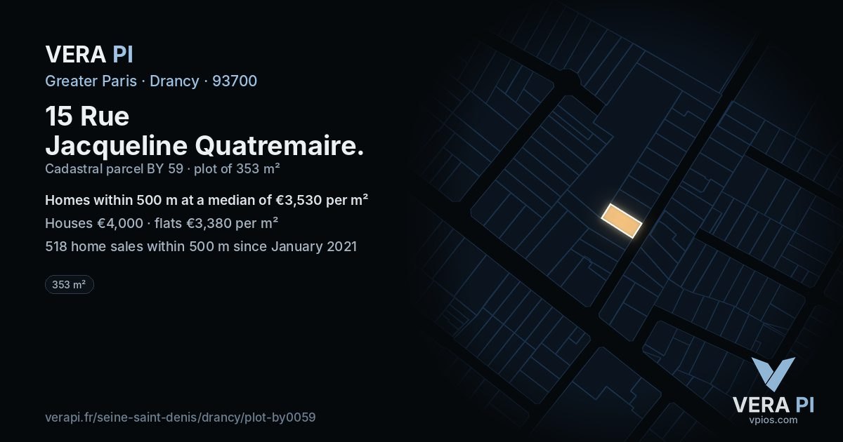 15 Rue Jacqueline Quatremaire, Drancy at night – the plot lit, the parcels around coloured by the prices near them