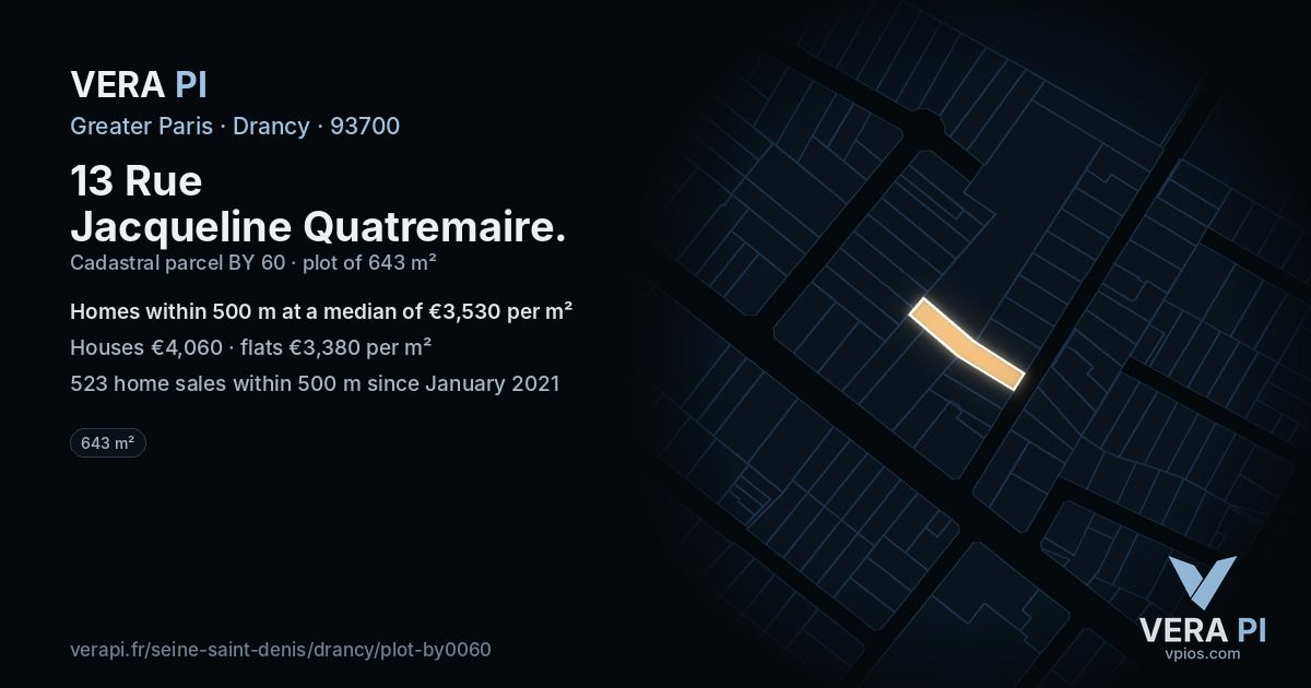 13 Rue Jacqueline Quatremaire, Drancy at night – the plot lit, the parcels around coloured by the prices near them