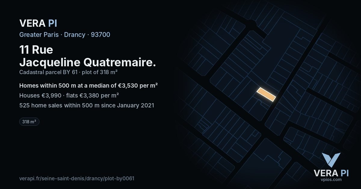 11 Rue Jacqueline Quatremaire, Drancy at night – the plot lit, the parcels around coloured by the prices near them