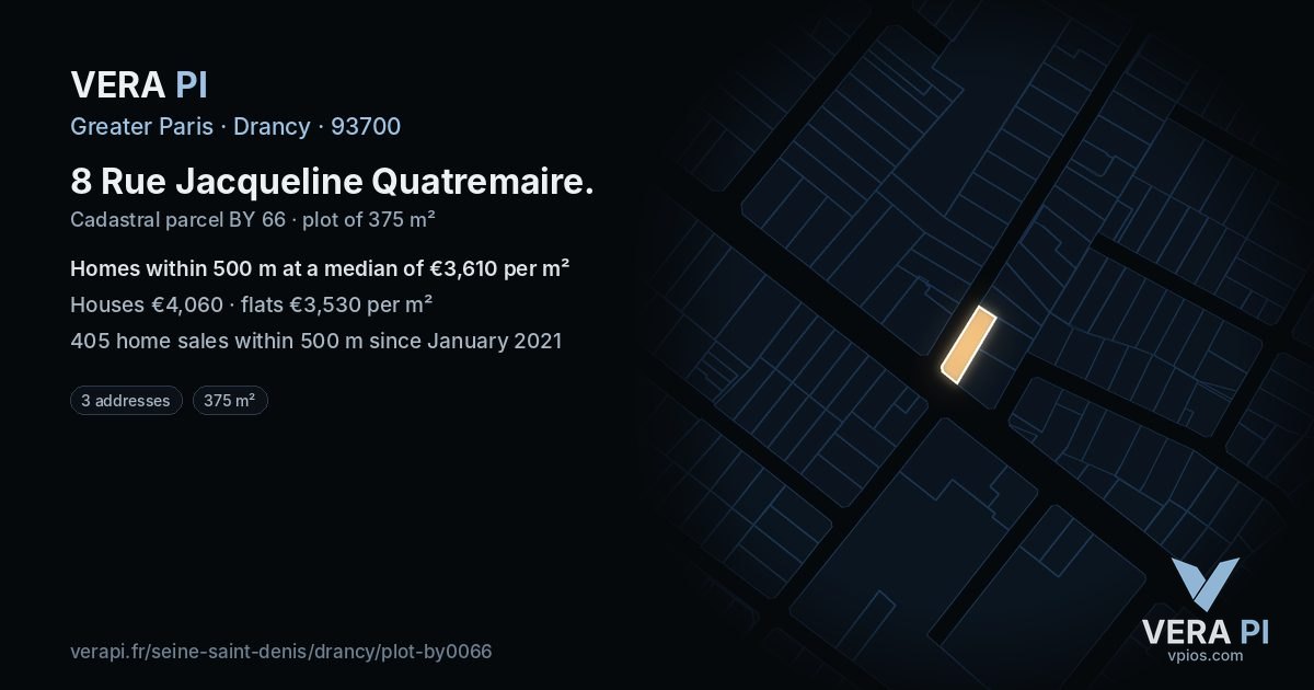8 Rue Jacqueline Quatremaire, Drancy at night – the plot lit, the parcels around coloured by the prices near them