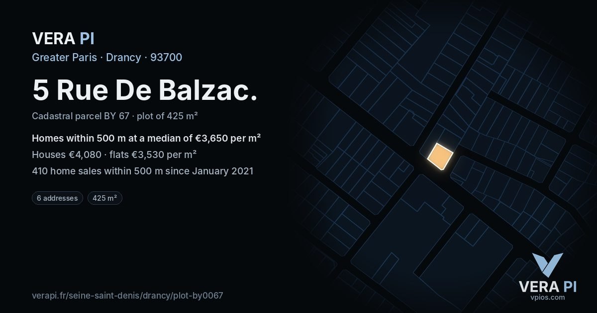 5 Rue De Balzac, Drancy at night – the plot lit, the parcels around coloured by the prices near them
