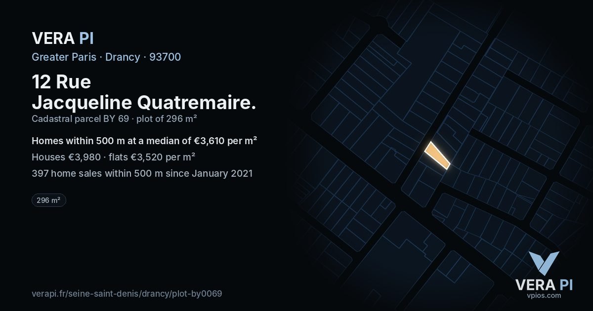 12 Rue Jacqueline Quatremaire, Drancy at night – the plot lit, the parcels around coloured by the prices near them
