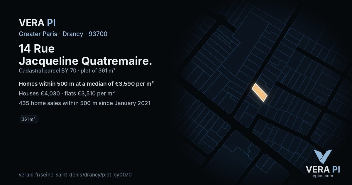 14 Rue Jacqueline Quatremaire, Drancy at night – the plot lit, the parcels around coloured by the prices near them
