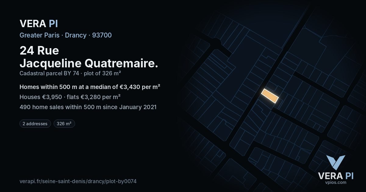 24 Rue Jacqueline Quatremaire, Drancy at night – the plot lit, the parcels around coloured by the prices near them