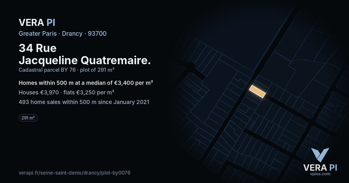 34 Rue Jacqueline Quatremaire, Drancy at night – the plot lit, the parcels around coloured by the prices near them