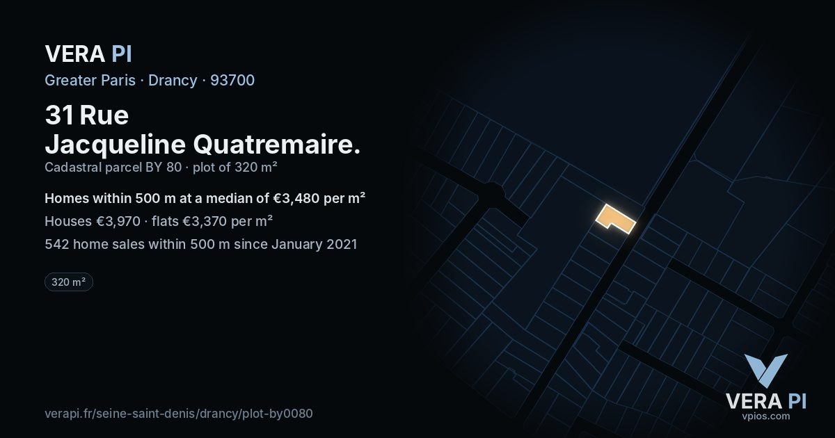 31 Rue Jacqueline Quatremaire, Drancy at night – the plot lit, the parcels around coloured by the prices near them