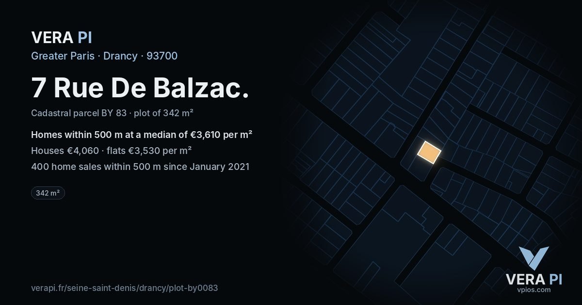 7 Rue De Balzac, Drancy at night – the plot lit, the parcels around coloured by the prices near them