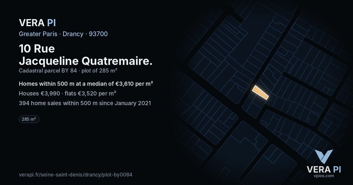 10 Rue Jacqueline Quatremaire, Drancy at night – the plot lit, the parcels around coloured by the prices near them