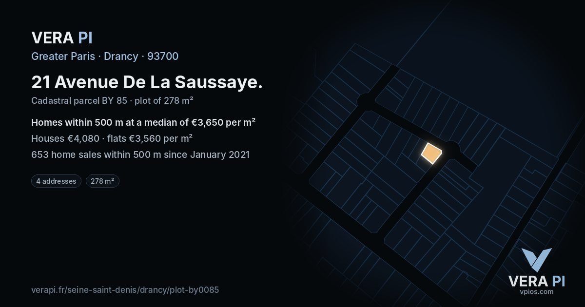 21 Avenue De La Saussaye, Drancy at night – the plot lit, the parcels around coloured by the prices near them