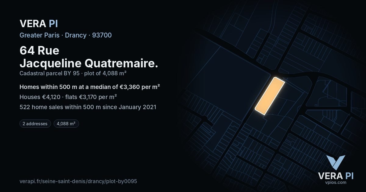 64 Rue Jacqueline Quatremaire, Drancy at night – the plot lit, the parcels around coloured by the prices near them