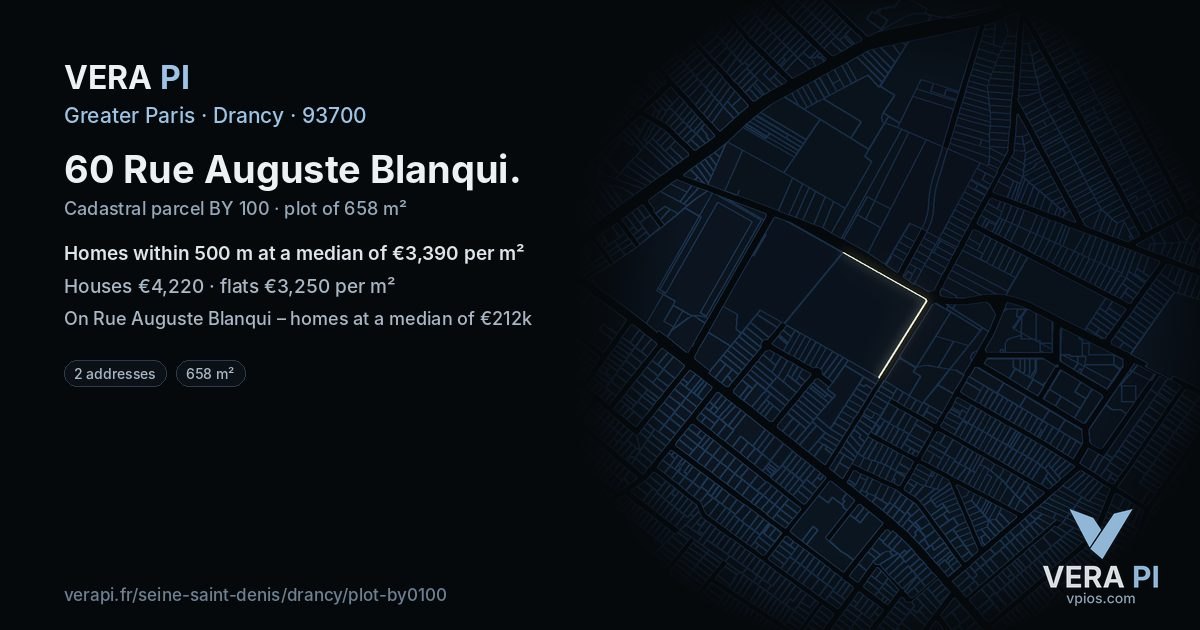 60 Rue Auguste Blanqui, Drancy at night – the plot lit, the parcels around coloured by the prices near them