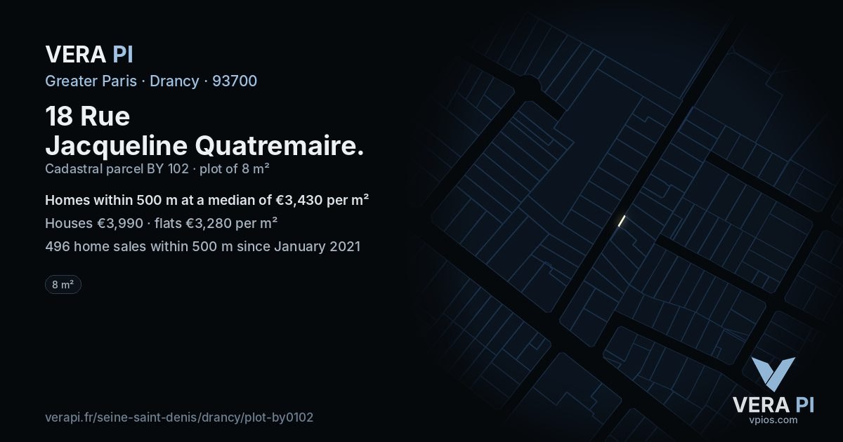 18 Rue Jacqueline Quatremaire, Drancy at night – the plot lit, the parcels around coloured by the prices near them