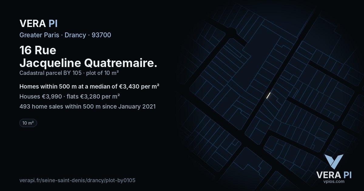 16 Rue Jacqueline Quatremaire, Drancy at night – the plot lit, the parcels around coloured by the prices near them