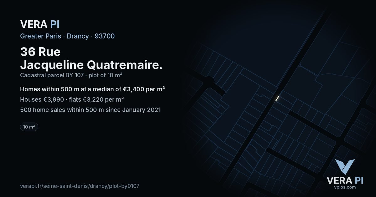 36 Rue Jacqueline Quatremaire, Drancy at night – the plot lit, the parcels around coloured by the prices near them