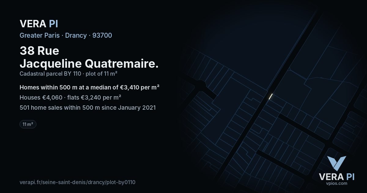 38 Rue Jacqueline Quatremaire, Drancy at night – the plot lit, the parcels around coloured by the prices near them