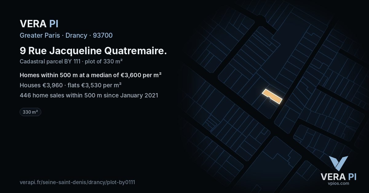 9 Rue Jacqueline Quatremaire, Drancy at night – the plot lit, the parcels around coloured by the prices near them