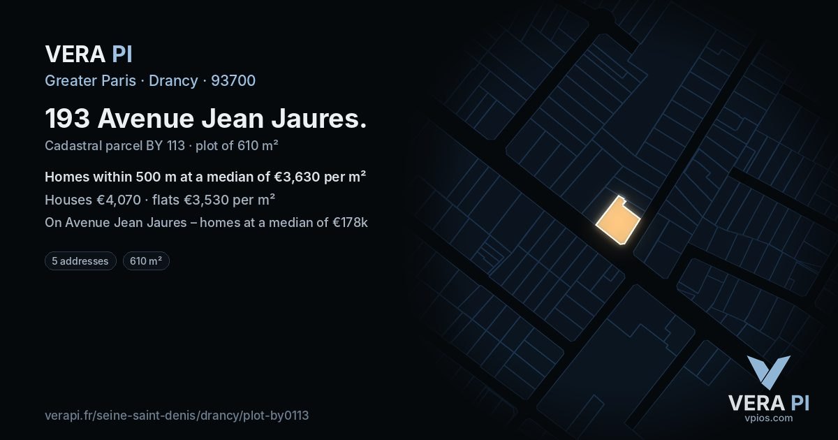 193 Avenue Jean Jaures, Drancy at night – the plot lit, the parcels around coloured by the prices near them