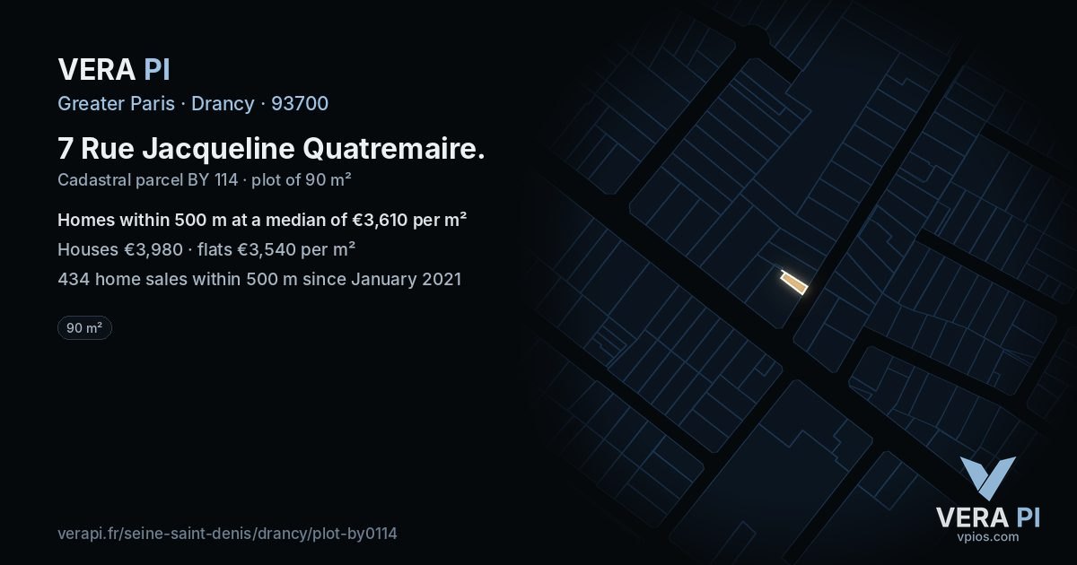 7 Rue Jacqueline Quatremaire, Drancy at night – the plot lit, the parcels around coloured by the prices near them