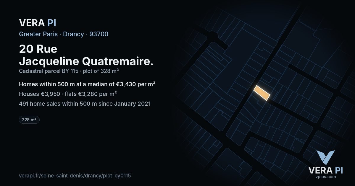 20 Rue Jacqueline Quatremaire, Drancy at night – the plot lit, the parcels around coloured by the prices near them