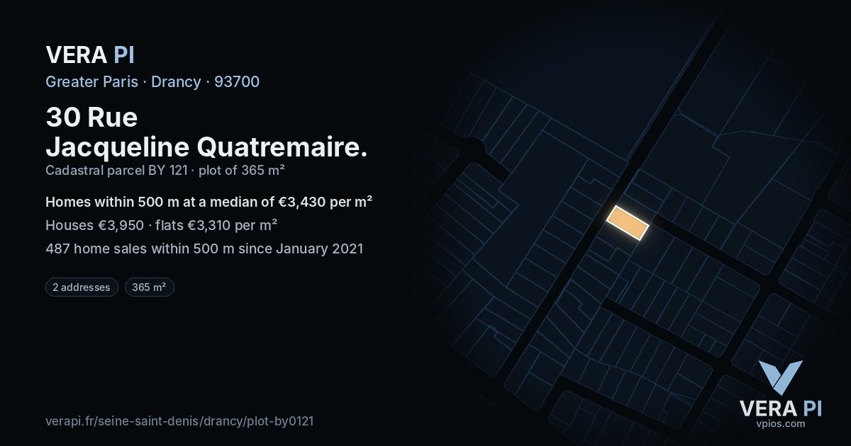30 Rue Jacqueline Quatremaire, Drancy at night – the plot lit, the parcels around coloured by the prices near them