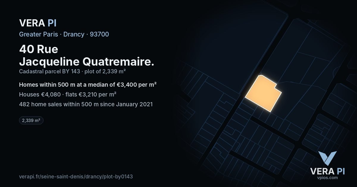 40 Rue Jacqueline Quatremaire, Drancy at night – the plot lit, the parcels around coloured by the prices near them