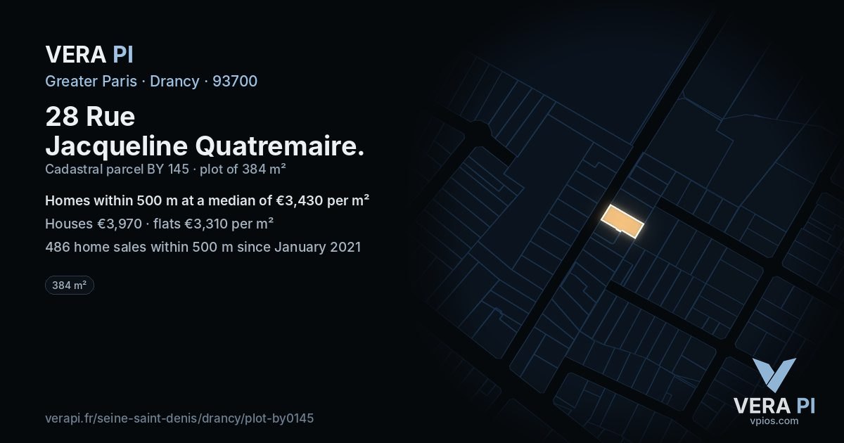 28 Rue Jacqueline Quatremaire, Drancy at night – the plot lit, the parcels around coloured by the prices near them