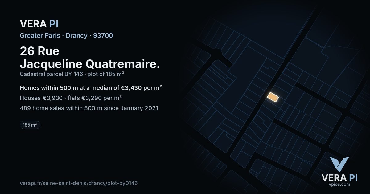 26 Rue Jacqueline Quatremaire, Drancy at night – the plot lit, the parcels around coloured by the prices near them