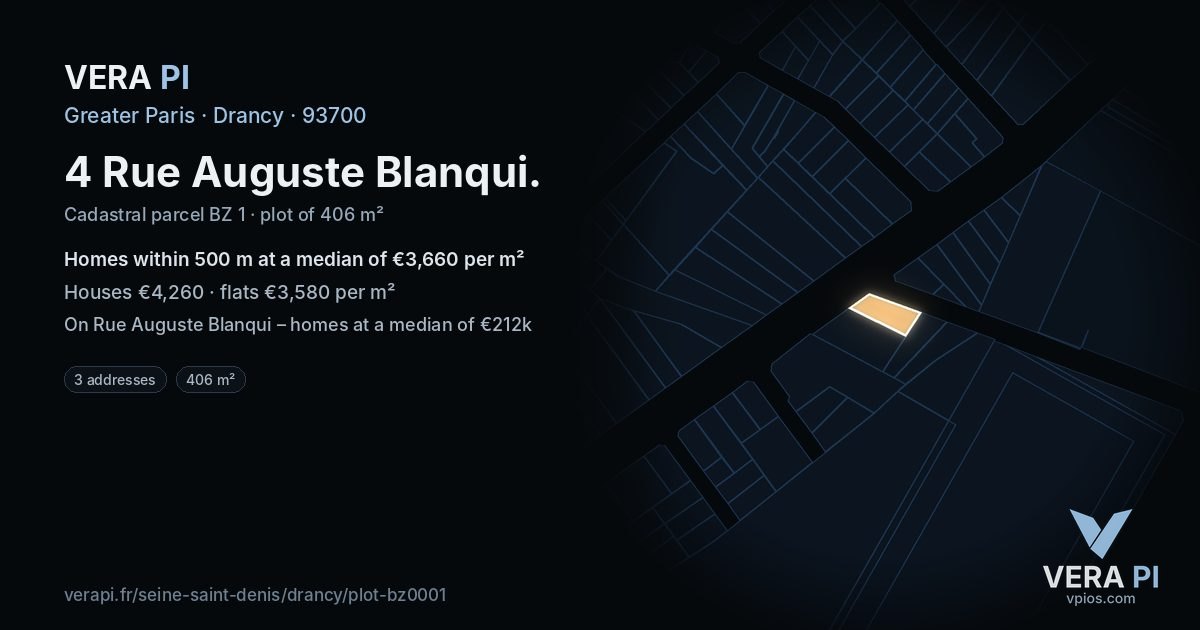 4 Rue Auguste Blanqui, Drancy at night – the plot lit, the parcels around coloured by the prices near them