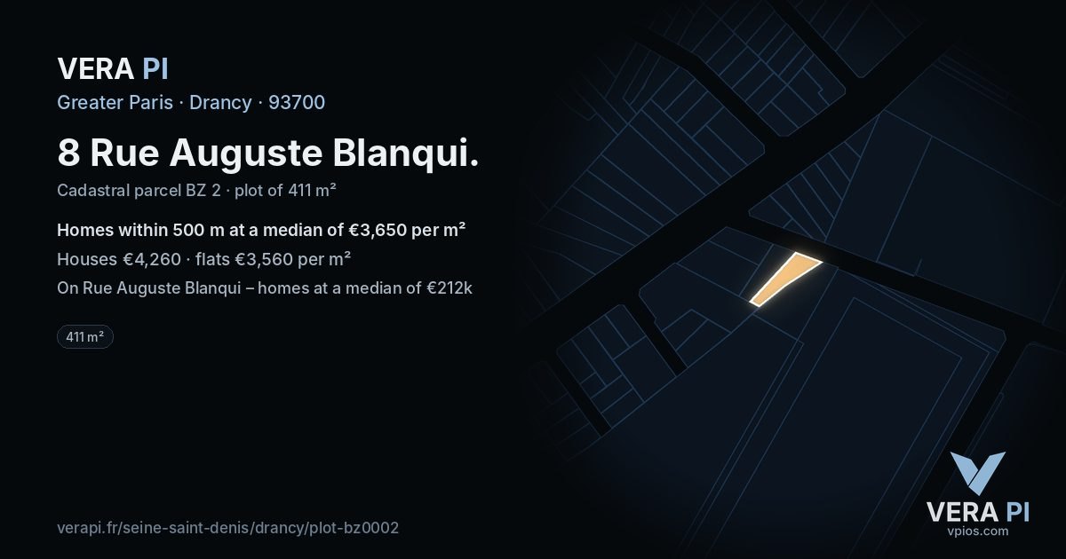 8 Rue Auguste Blanqui, Drancy at night – the plot lit, the parcels around coloured by the prices near them