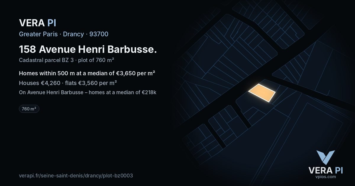 158 Avenue Henri Barbusse, Drancy at night – the plot lit, the parcels around coloured by the prices near them